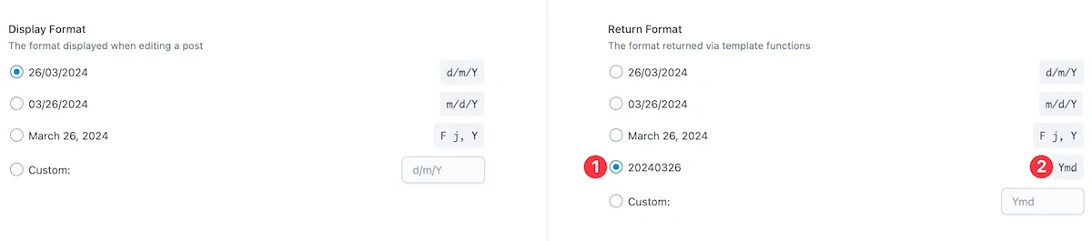 Date format settings interface with selected options