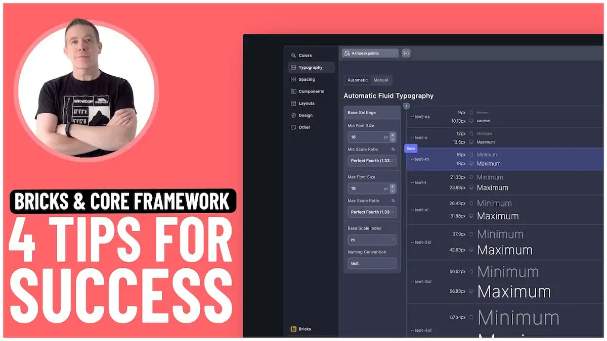 Web designer presenting tips for using Bricks Builder & Core Framework.
