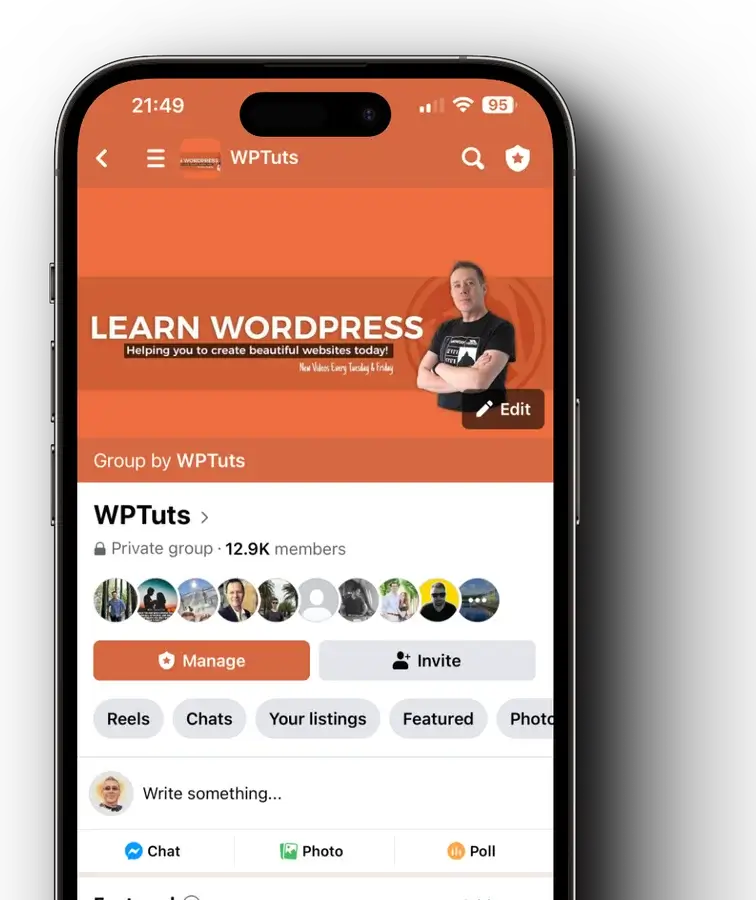 Smartphone displaying WordPress tutorial group page