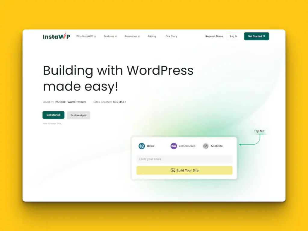 InstaWP homepage: Simplified WordPress website building platform.