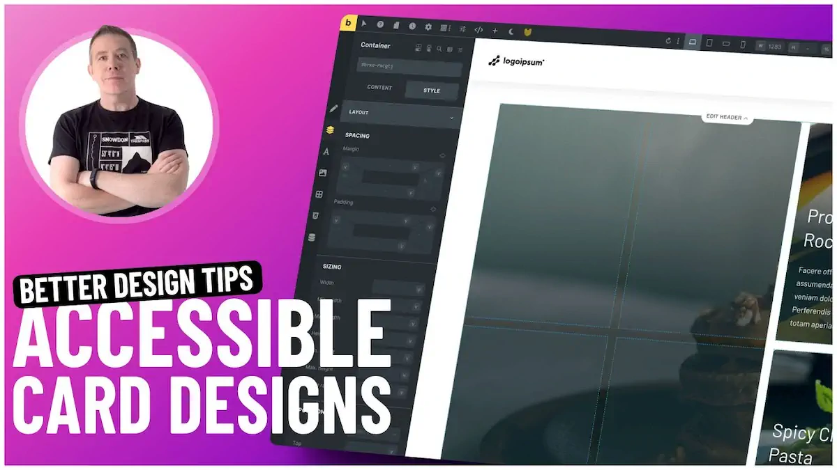 Web designer presenting accessible card design tips.