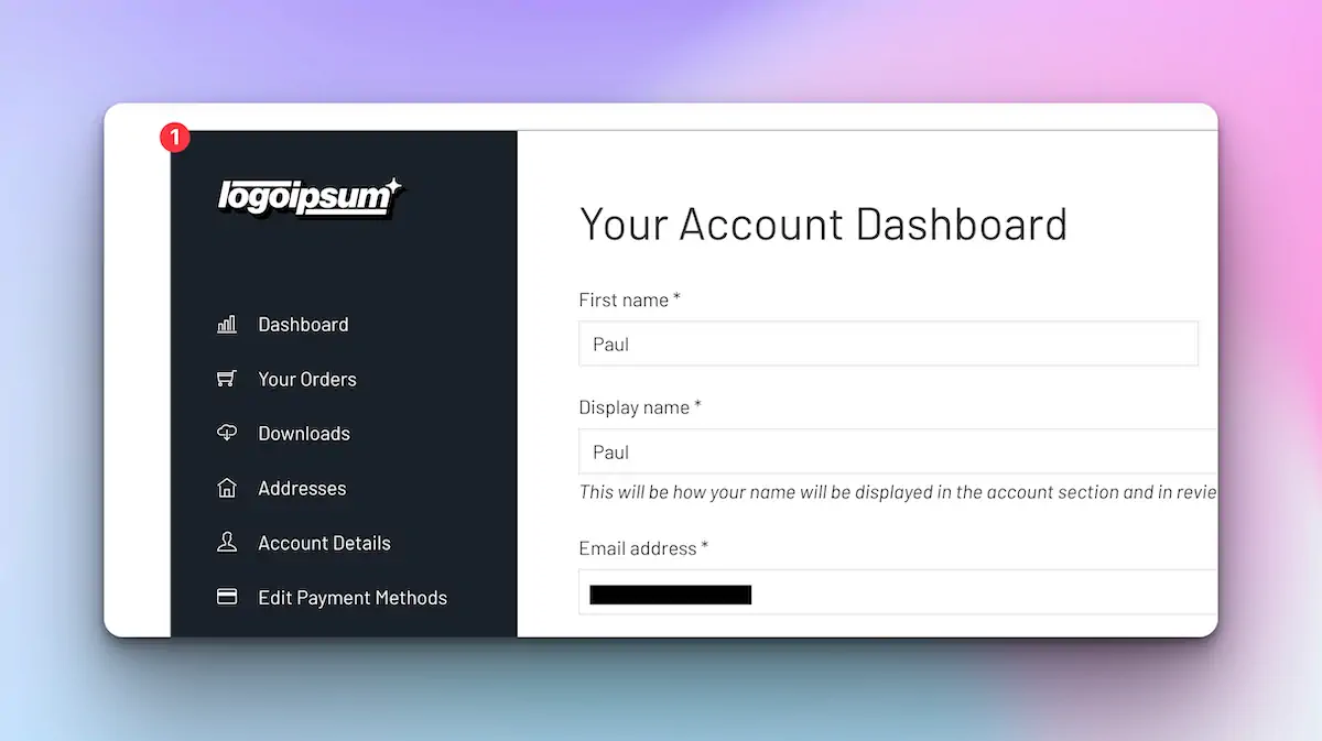 User account dashboard interface with editable fields.