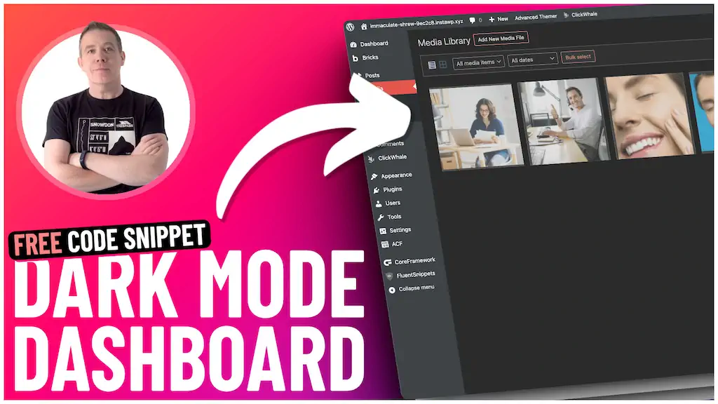 Man promoting dark mode dashboard code snippet.