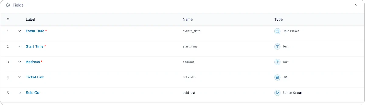 Screenshot of event planning fields in a form editor.