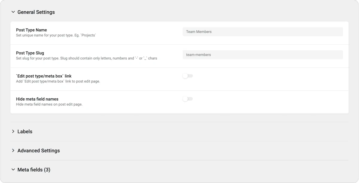 Custom post type settings interface in CMS.