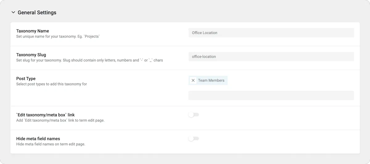 Settings interface for custom taxonomy configuration.