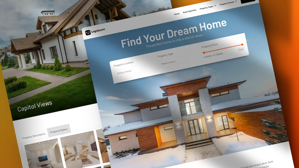 Website home search interface with modern houses.