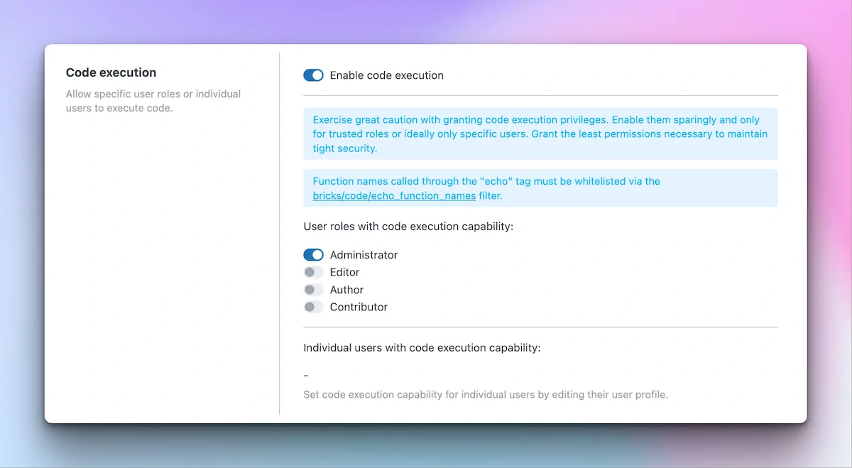 Code execution settings and user role permissions interface.