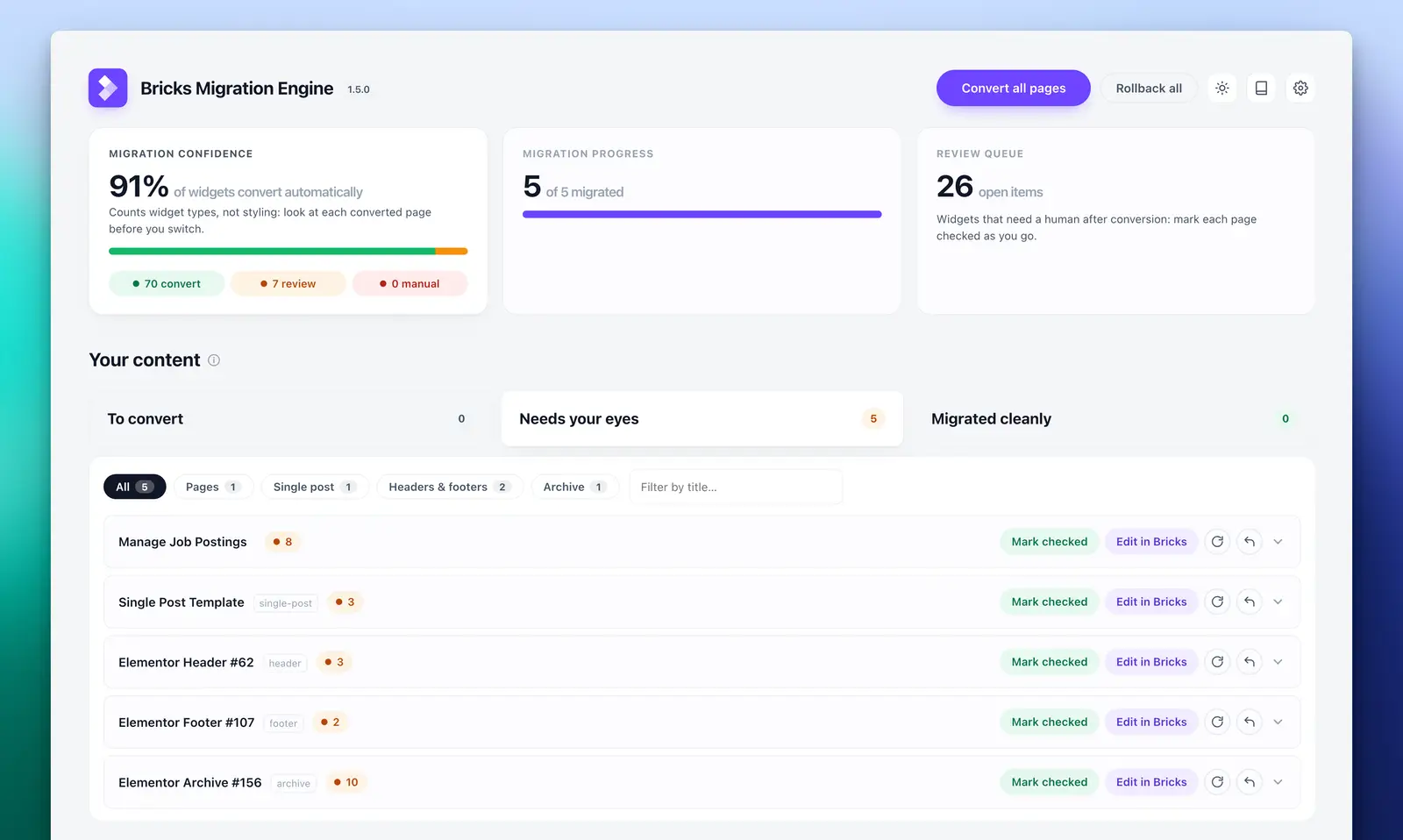 Bricks Migration Engine dashboard showing migration progress and review queue