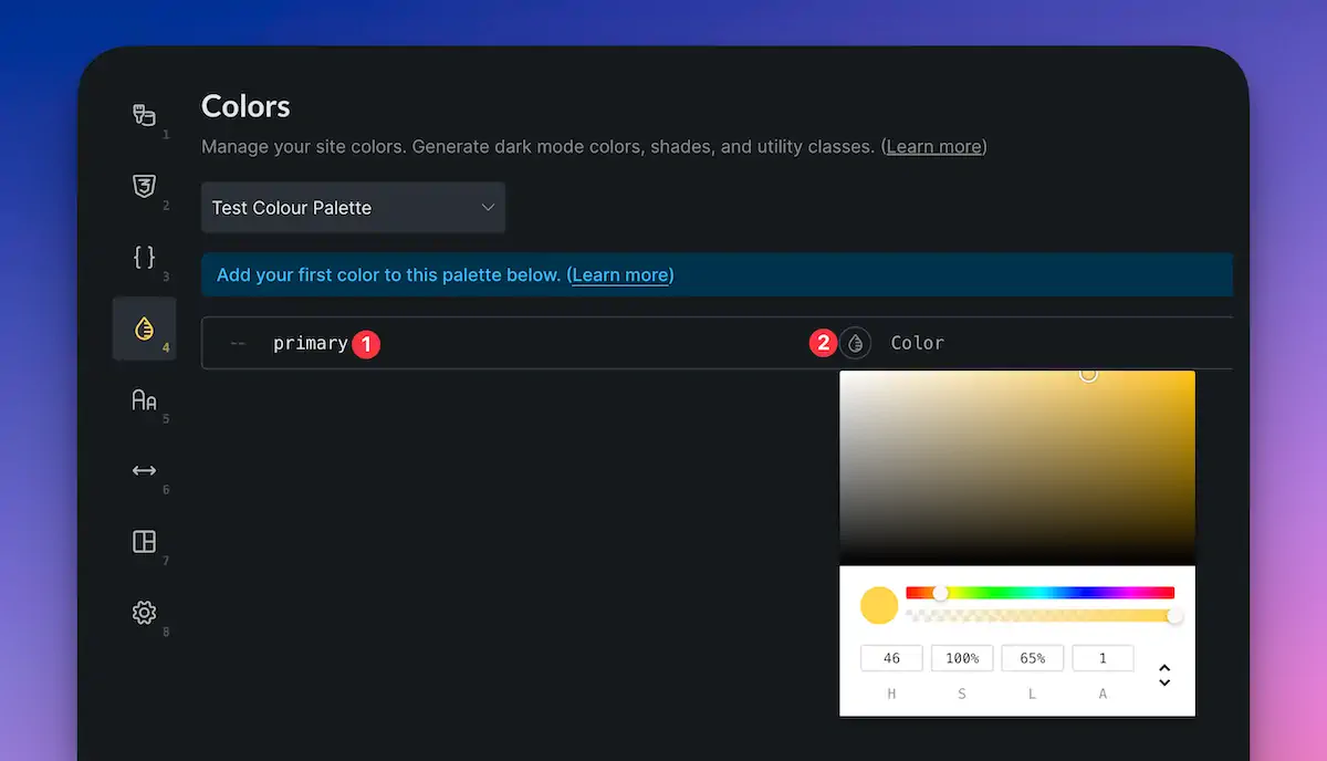 Colour palette editor interface with colour picker.