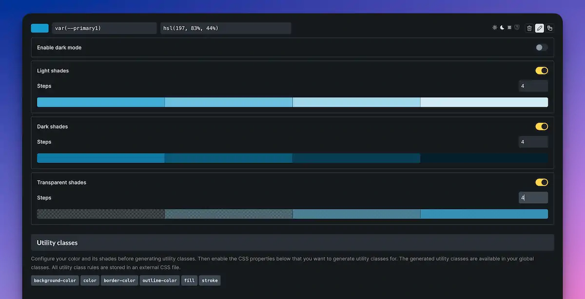 Dark mode interface with colour settings and toggles.