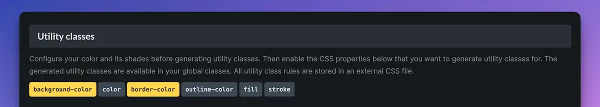 Utility classes CSS configuration interface screenshot.
