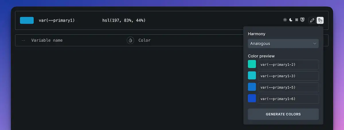 Colour palette generator with HSL values preview.