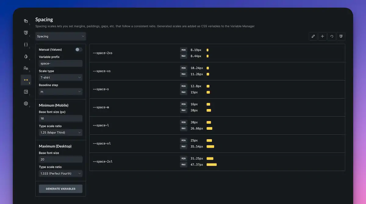 CSS spacing and variable manager interface screenshot.