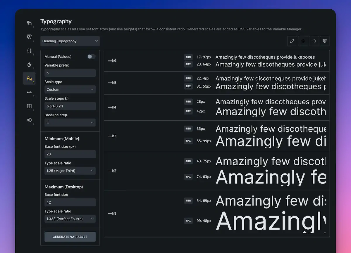 Typography scale settings for variable fonts.