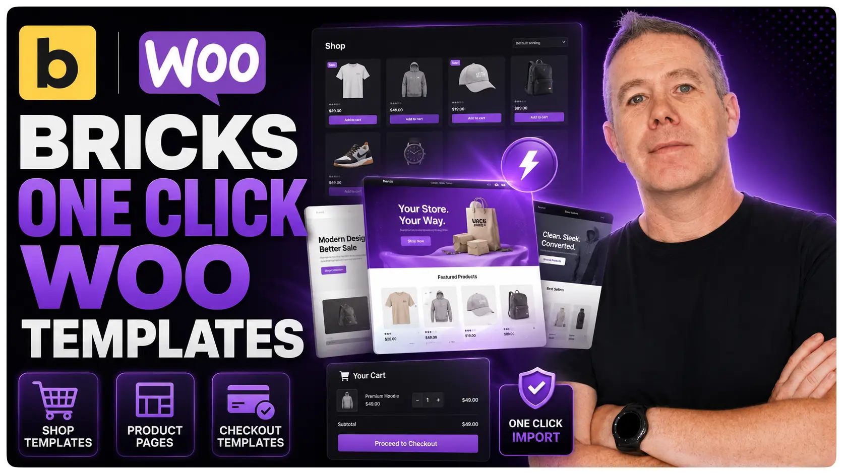 Promotional graphic for Bricks one-click WooCommerce templates